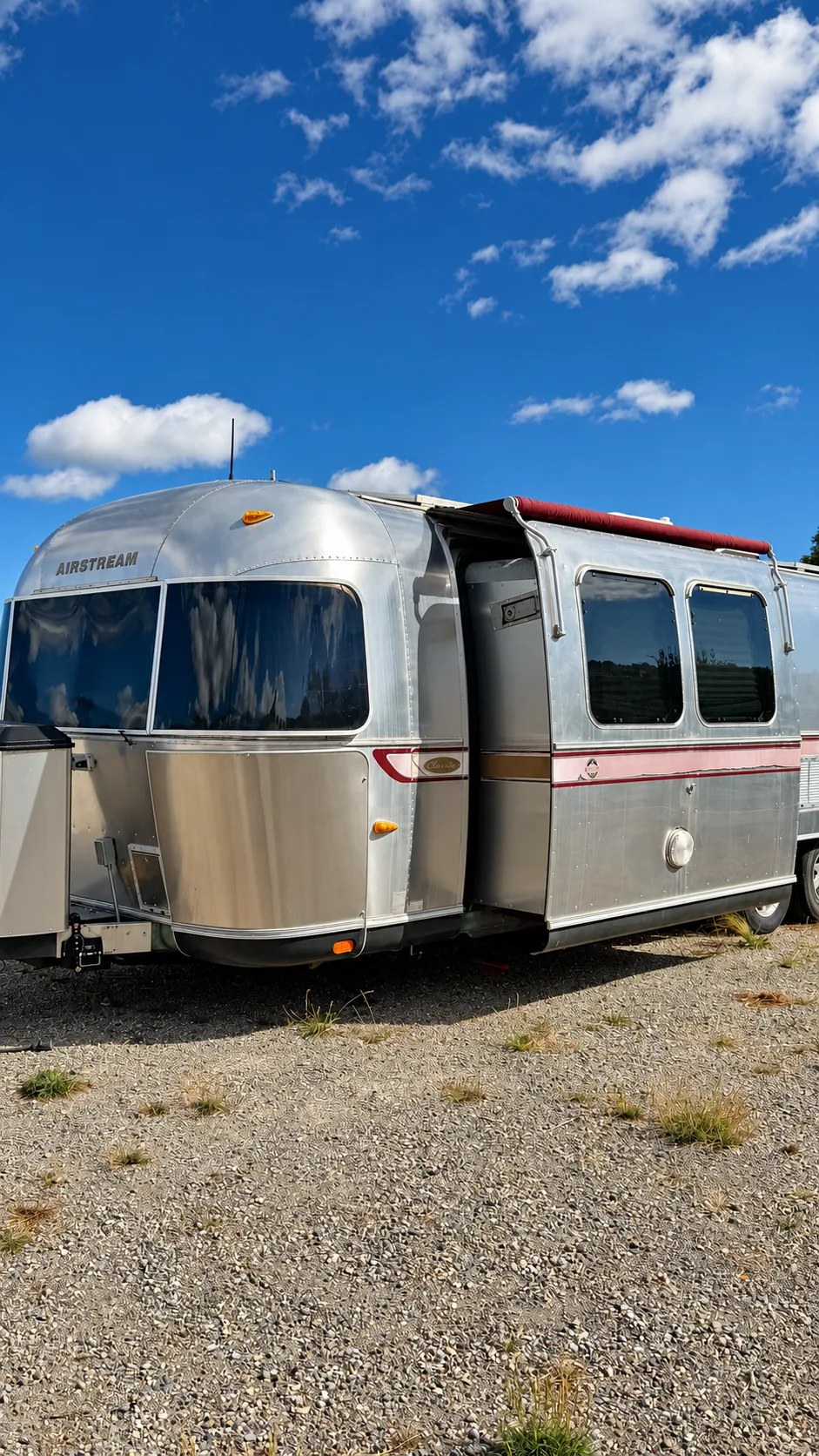 Airstream travel trailer in outdoor RV storage at Marinship Industries Storage, Sausalito